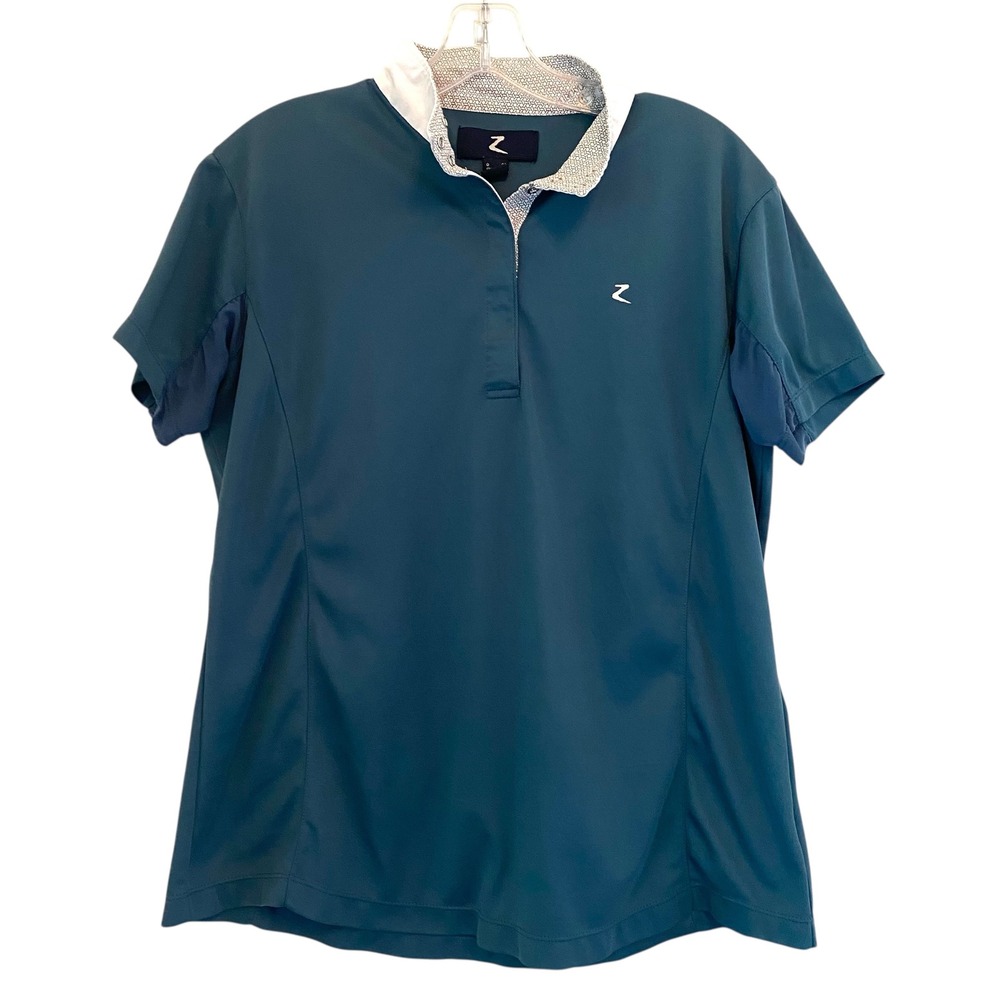 Horze‎ Equestrian Show Shirt Women Sz 14 Teal Blue Short Sleeve Snap Performance